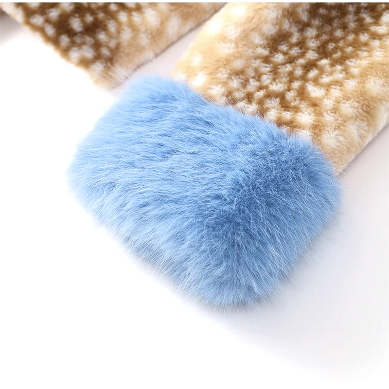 Deer Print Faux Fur Cropped Jacket Women Blue Contrast Lapel Cuff Button Up Fluffy Warm Coat Winter Casual Street Outwear 2026