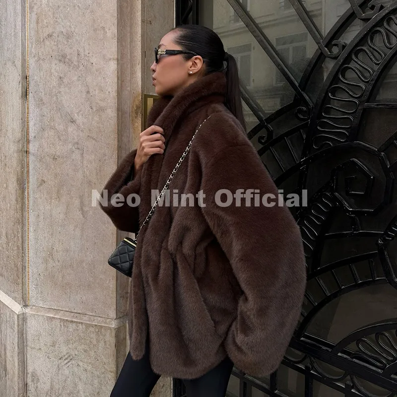 Neo Mint Trendy 2026 Winter Women Brand Faux Mink Fur Peplum Jacket Chic Street Fashion Girls Warm Drawstring Waist Eco Fur Coat