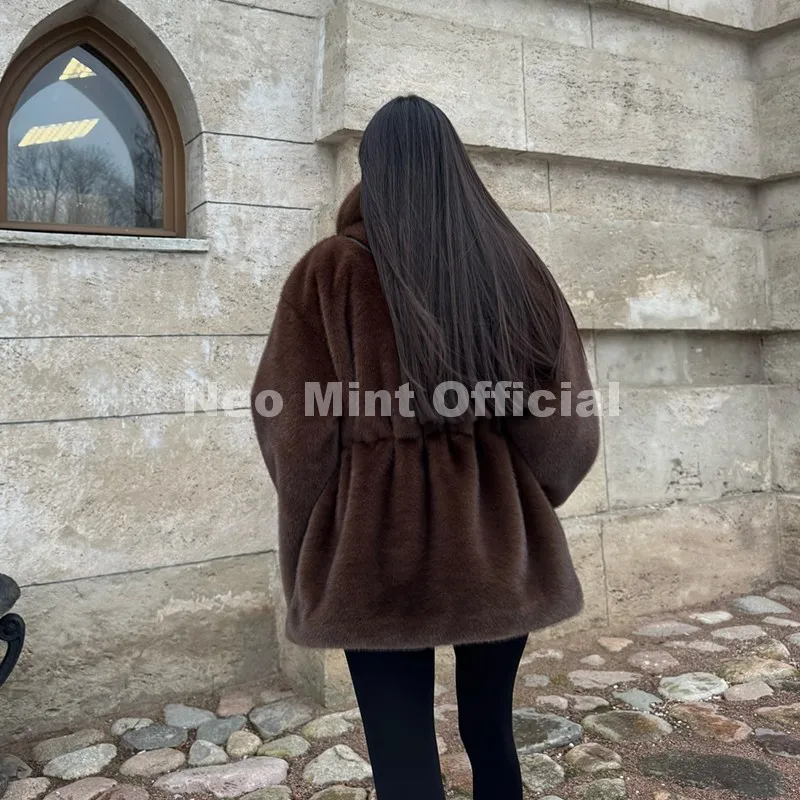 Neo Mint Trendy 2026 Winter Women Brand Faux Mink Fur Peplum Jacket Chic Street Fashion Girls Warm Drawstring Waist Eco Fur Coat