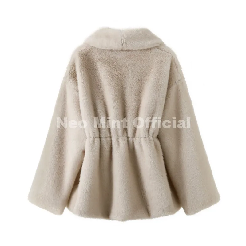 Neo Mint Trendy 2026 Winter Women Brand Faux Mink Fur Peplum Jacket Chic Street Fashion Girls Warm Drawstring Waist Eco Fur Coat