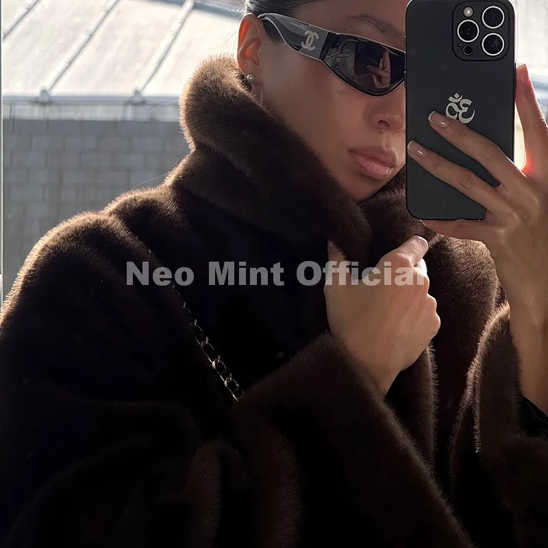 Neo Mint Trendy 2026 Winter Women Brand Faux Mink Fur Peplum Jacket Chic Street Fashion Girls Warm Drawstring Waist Eco Fur Coat