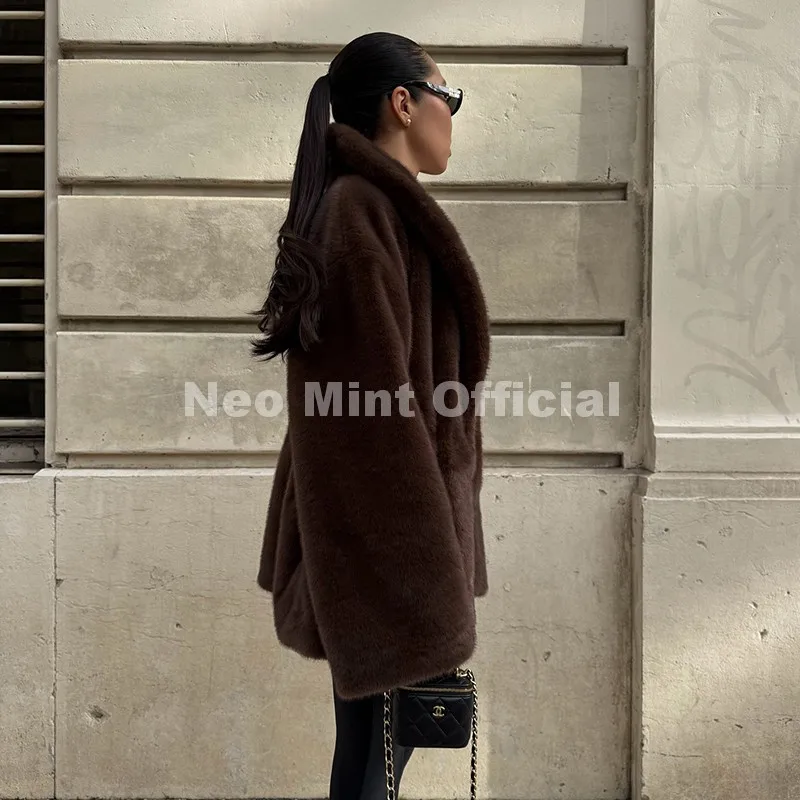 Neo Mint Trendy 2026 Winter Women Brand Faux Mink Fur Peplum Jacket Chic Street Fashion Girls Warm Drawstring Waist Eco Fur Coat