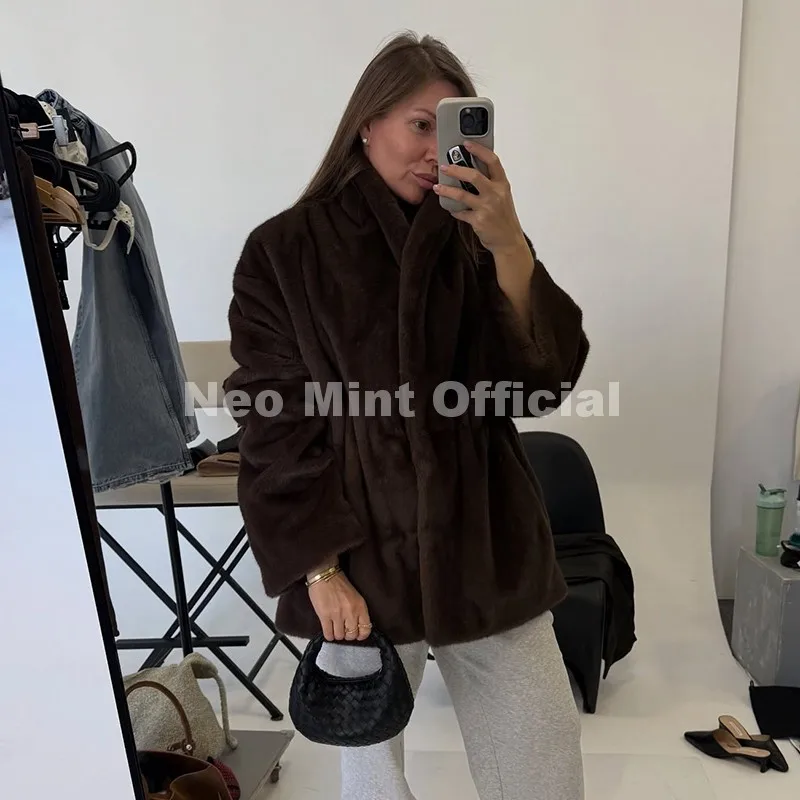 Neo Mint Trendy 2026 Winter Women Brand Faux Mink Fur Peplum Jacket Chic Street Fashion Girls Warm Drawstring Waist Eco Fur Coat