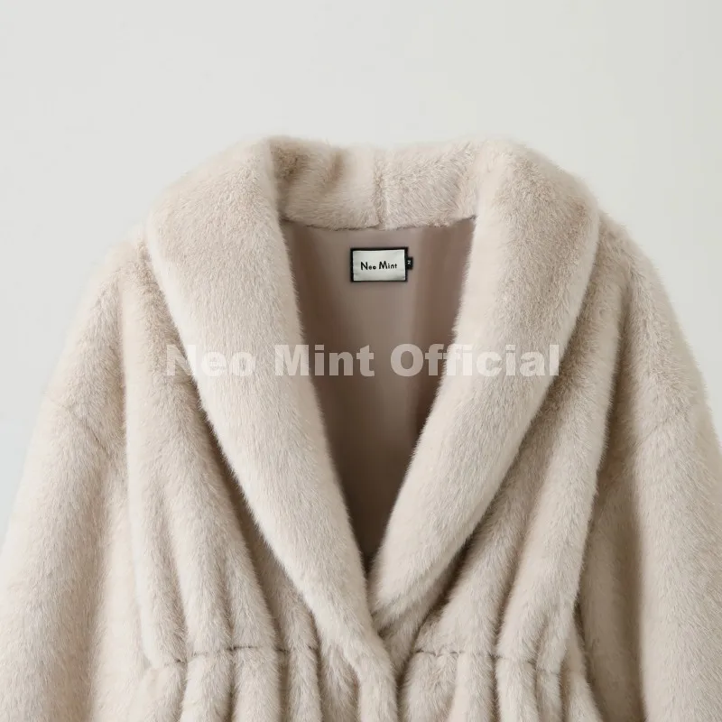 Neo Mint Trendy 2026 Winter Women Brand Faux Mink Fur Peplum Jacket Chic Street Fashion Girls Warm Drawstring Waist Eco Fur Coat