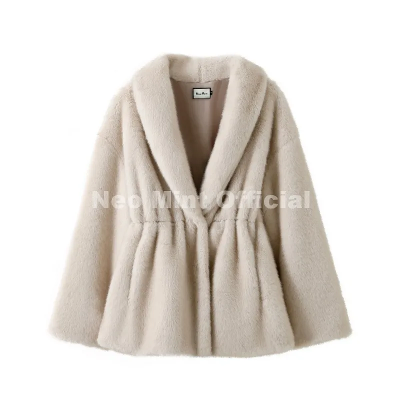 Neo Mint Trendy 2026 Winter Women Brand Faux Mink Fur Peplum Jacket Chic Street Fashion Girls Warm Drawstring Waist Eco Fur Coat