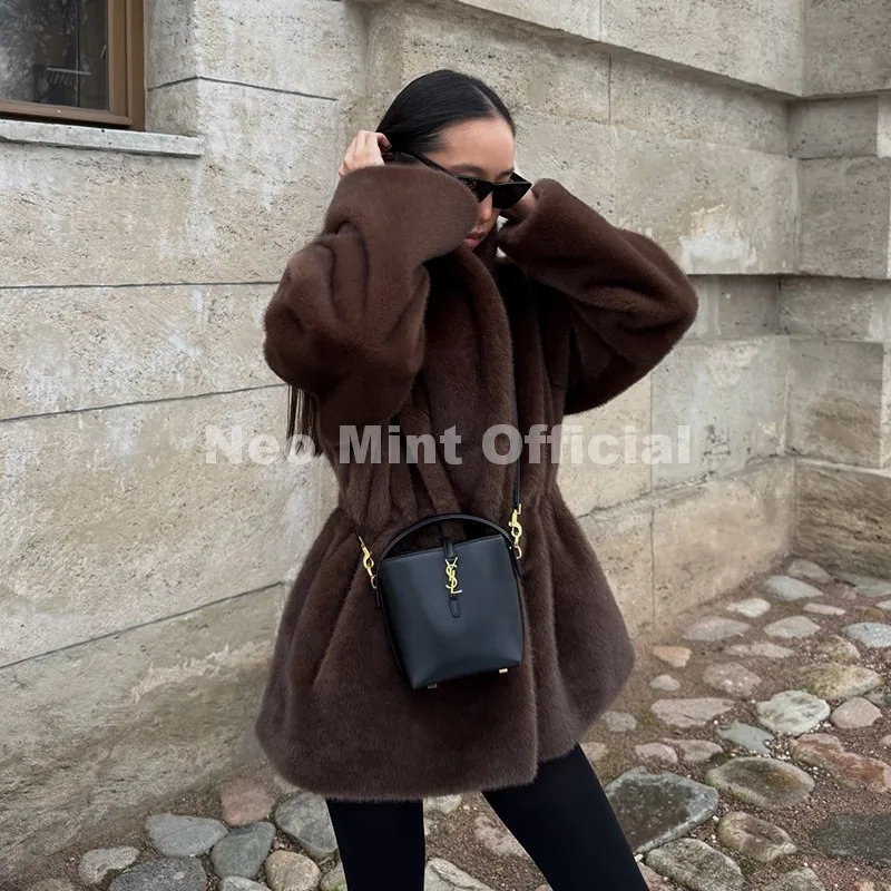 Neo Mint Trendy 2026 Winter Women Brand Faux Mink Fur Peplum Jacket Chic Street Fashion Girls Warm Drawstring Waist Eco Fur Coat