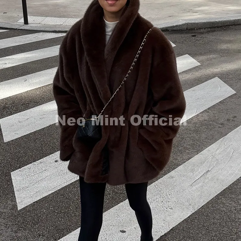 Neo Mint Trendy 2026 Winter Women Brand Faux Mink Fur Peplum Jacket Chic Street Fashion Girls Warm Drawstring Waist Eco Fur Coat