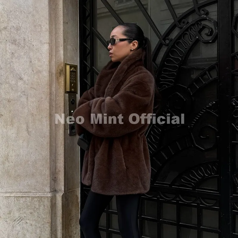 Neo Mint Trendy 2026 Winter Women Brand Faux Mink Fur Peplum Jacket Chic Street Fashion Girls Warm Drawstring Waist Eco Fur Coat