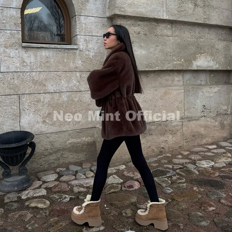 Neo Mint Trendy 2026 Winter Women Brand Faux Mink Fur Peplum Jacket Chic Street Fashion Girls Warm Drawstring Waist Eco Fur Coat