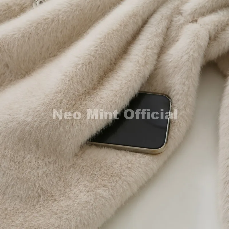 Neo Mint Trendy 2026 Winter Women Brand Faux Mink Fur Peplum Jacket Chic Street Fashion Girls Warm Drawstring Waist Eco Fur Coat