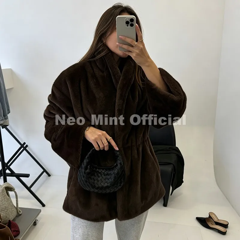 Neo Mint Trendy 2026 Winter Women Brand Faux Mink Fur Peplum Jacket Chic Street Fashion Girls Warm Drawstring Waist Eco Fur Coat