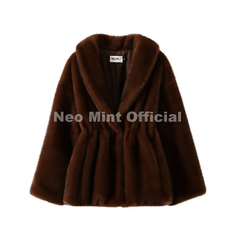 Neo Mint Trendy 2026 Winter Women Brand Faux Mink Fur Peplum Jacket Chic Street Fashion Girls Warm Drawstring Waist Eco Fur Coat
