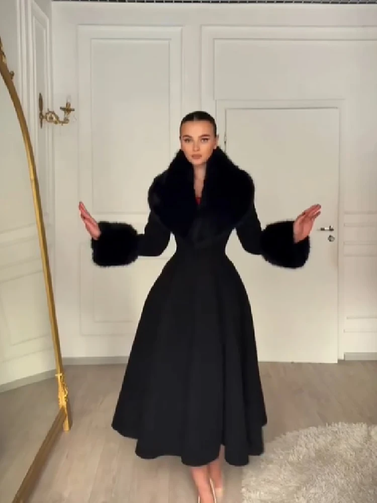 Women Elegant Long Wool Blend Coat Faux Fur Big Collar Cuff Cinched Waist Flare A‑line Maxi Coat Retro Party Outerwear Overcoat