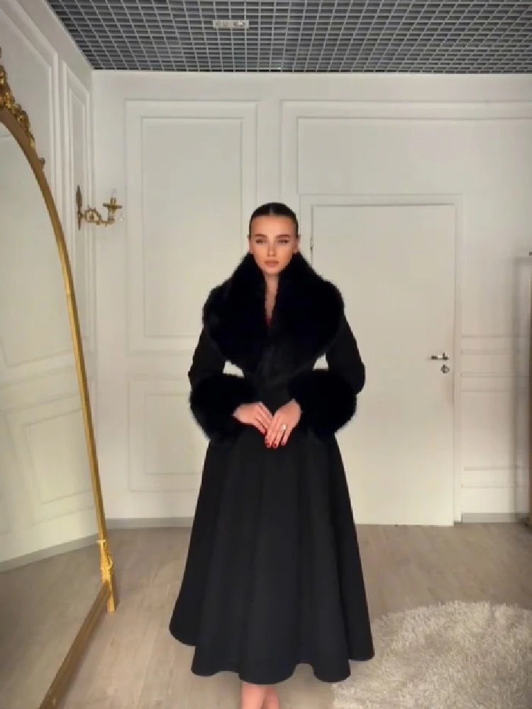 Women Elegant Long Wool Blend Coat Faux Fur Big Collar Cuff Cinched Waist Flare A‑line Maxi Coat Retro Party Outerwear Overcoat