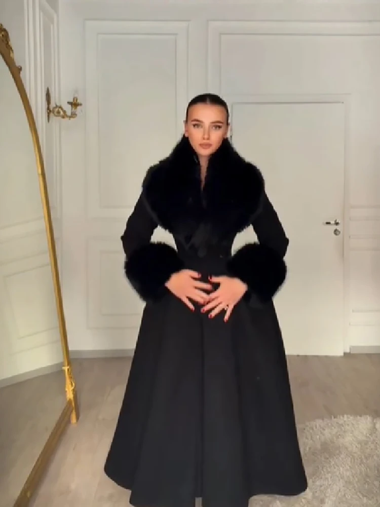 Women Elegant Long Wool Blend Coat Faux Fur Big Collar Cuff Cinched Waist Flare A‑line Maxi Coat Retro Party Outerwear Overcoat