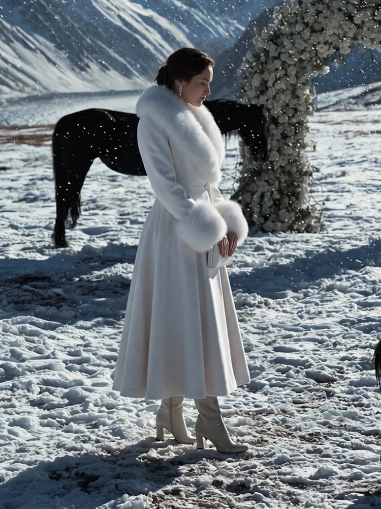 Women Elegant Long Wool Blend Coat Faux Fur Big Collar Cuff Cinched Waist Flare A‑line Maxi Coat Retro Party Outerwear Overcoat
