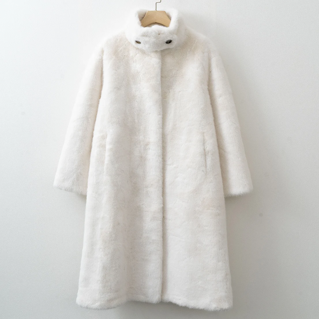 Women Long Faux Fur Coat Mandarin Collar Single Breasted Autumn Winter Warm Plush Overcoat With Pockets, Multi‑Colors Available