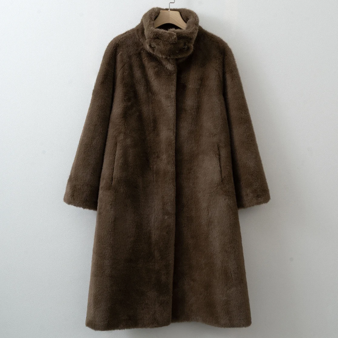 Women Long Faux Fur Coat Mandarin Collar Single Breasted Autumn Winter Warm Plush Overcoat With Pockets, Multi‑Colors Available