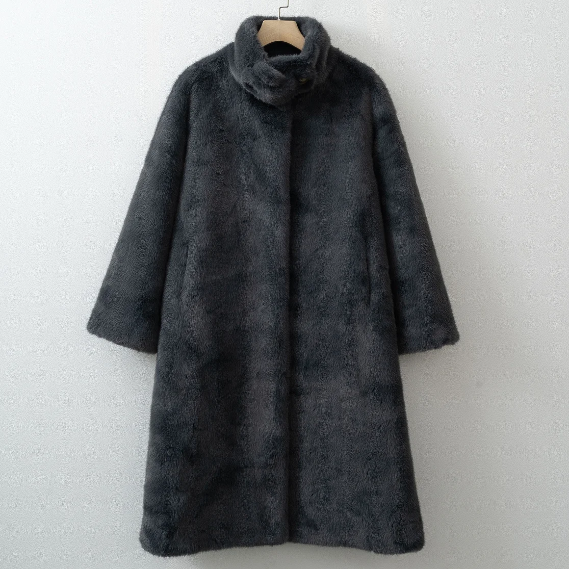 Women Long Faux Fur Coat Mandarin Collar Single Breasted Autumn Winter Warm Plush Overcoat With Pockets, Multi‑Colors Available