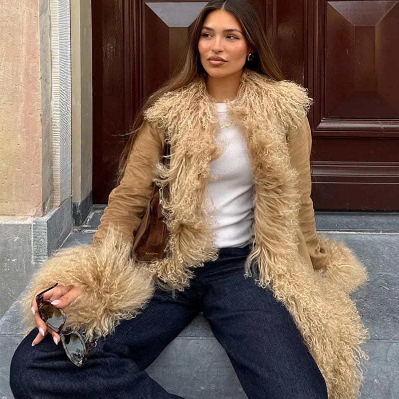 Casual Faux Fur Coats Women Street Full Sleeve Long Loose Patchwork Open Stitch Coat Female 2025 Fashion Winter Lady Outwears