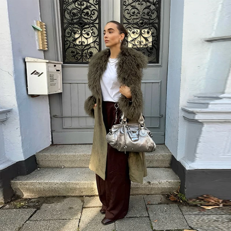 Casual Faux Fur Coats Women Street Full Sleeve Long Loose Patchwork Open Stitch Coat Female 2025 Fashion Winter Lady Outwears