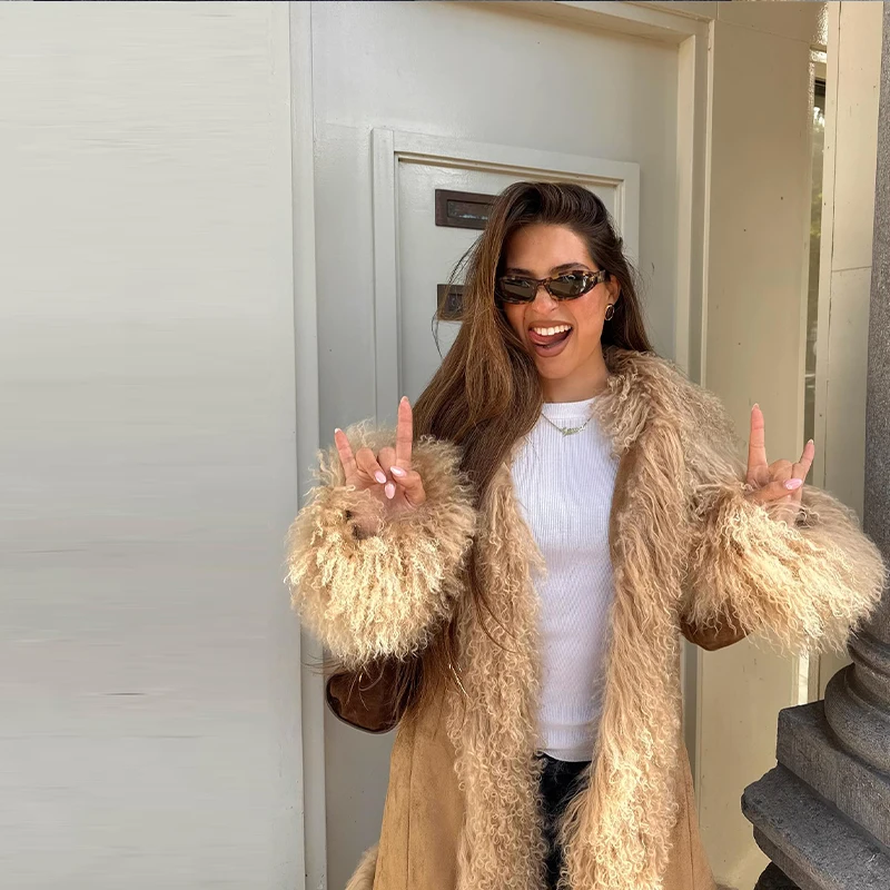 Casual Faux Fur Coats Women Street Full Sleeve Long Loose Patchwork Open Stitch Coat Female 2025 Fashion Winter Lady Outwears