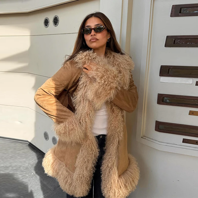 Casual Faux Fur Coats Women Street Full Sleeve Long Loose Patchwork Open Stitch Coat Female 2025 Fashion Winter Lady Outwears