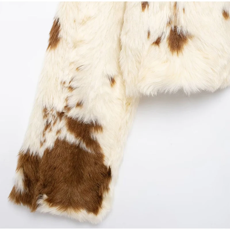Faux Fur Contrast Women Coat 2025 Lapel Zipper Long Sleeve Female Coats Vintage Autumn Winter Pocket Thicken Warm Lady Outwear