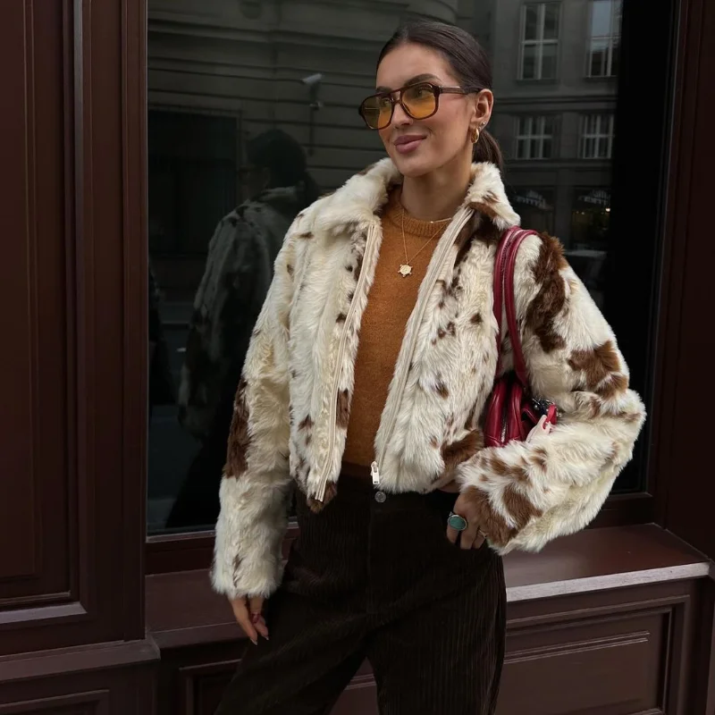 Faux Fur Contrast Women Coat 2025 Lapel Zipper Long Sleeve Female Coats Vintage Autumn Winter Pocket Thicken Warm Lady Outwear