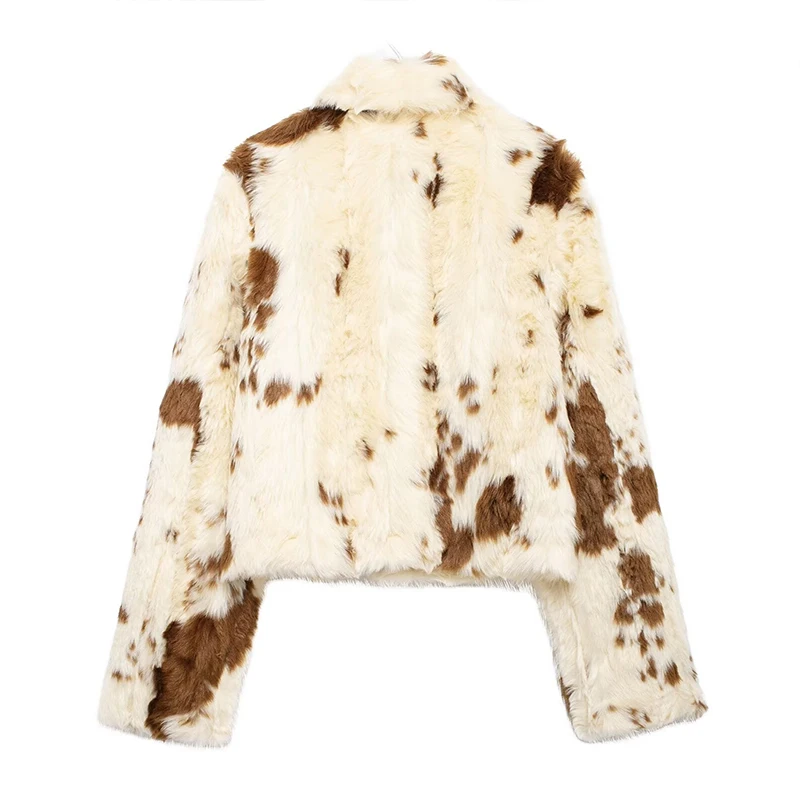 Faux Fur Contrast Women Coat 2025 Lapel Zipper Long Sleeve Female Coats Vintage Autumn Winter Pocket Thicken Warm Lady Outwear