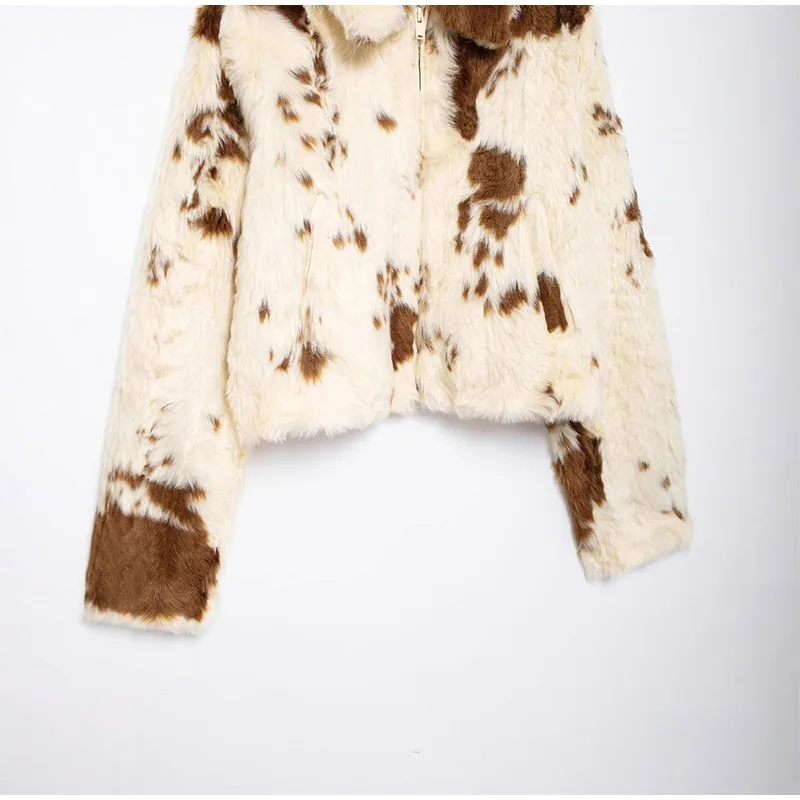 Faux Fur Contrast Women Coat 2025 Lapel Zipper Long Sleeve Female Coats Vintage Autumn Winter Pocket Thicken Warm Lady Outwear
