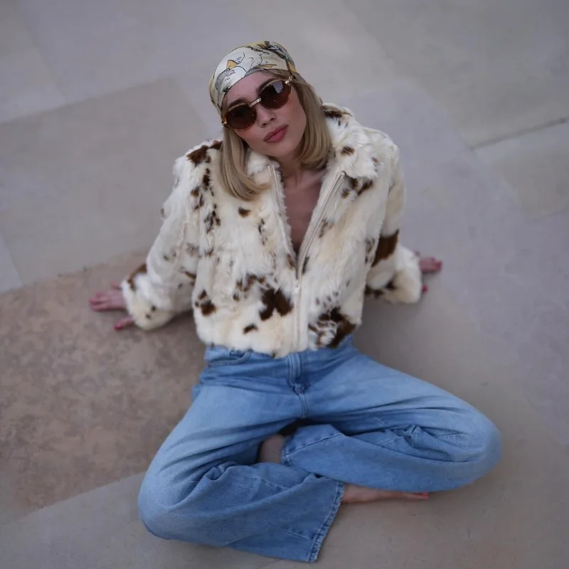 Faux Fur Contrast Women Coat 2025 Lapel Zipper Long Sleeve Female Coats Vintage Autumn Winter Pocket Thicken Warm Lady Outwear