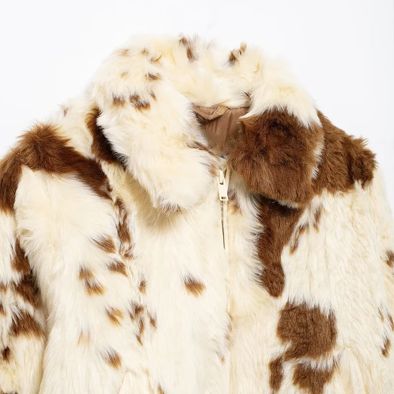 Faux Fur Contrast Women Coat 2025 Lapel Zipper Long Sleeve Female Coats Vintage Autumn Winter Pocket Thicken Warm Lady Outwear
