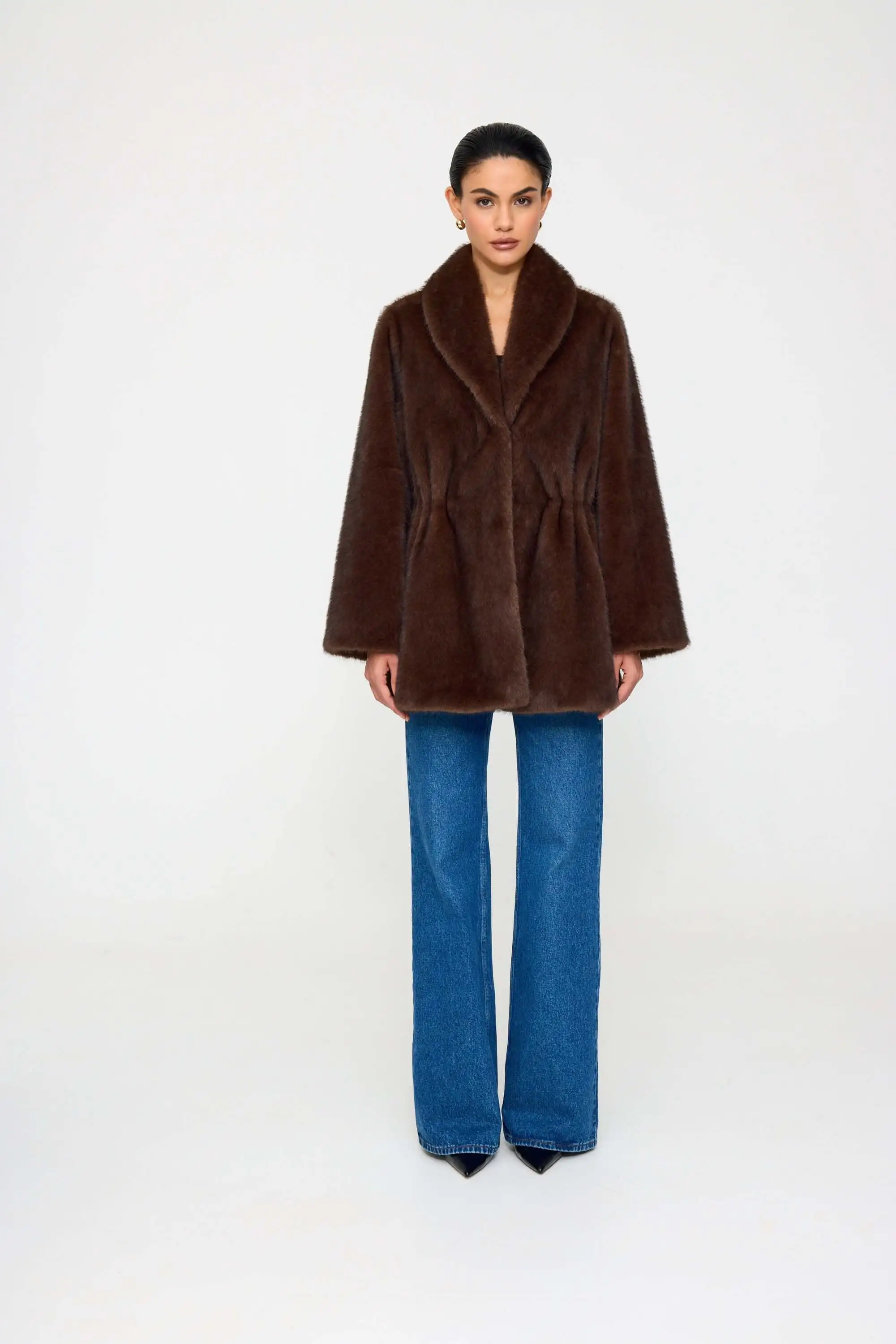 Laur 2026 Shawl Collar Faux Fur Coat Drawstring Waist Mid Length Warm Winter Ladies Plush Fluffy Outerwear