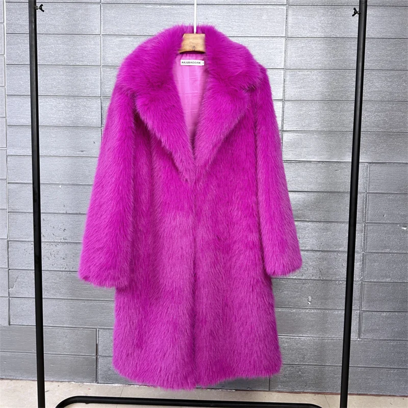 2025 Streetwear Fur Coat Women's Long Overcoat Autumn Winter Hooded Faux Toka Fur Outerwear Lady Turndown Collar Thicken Jackets