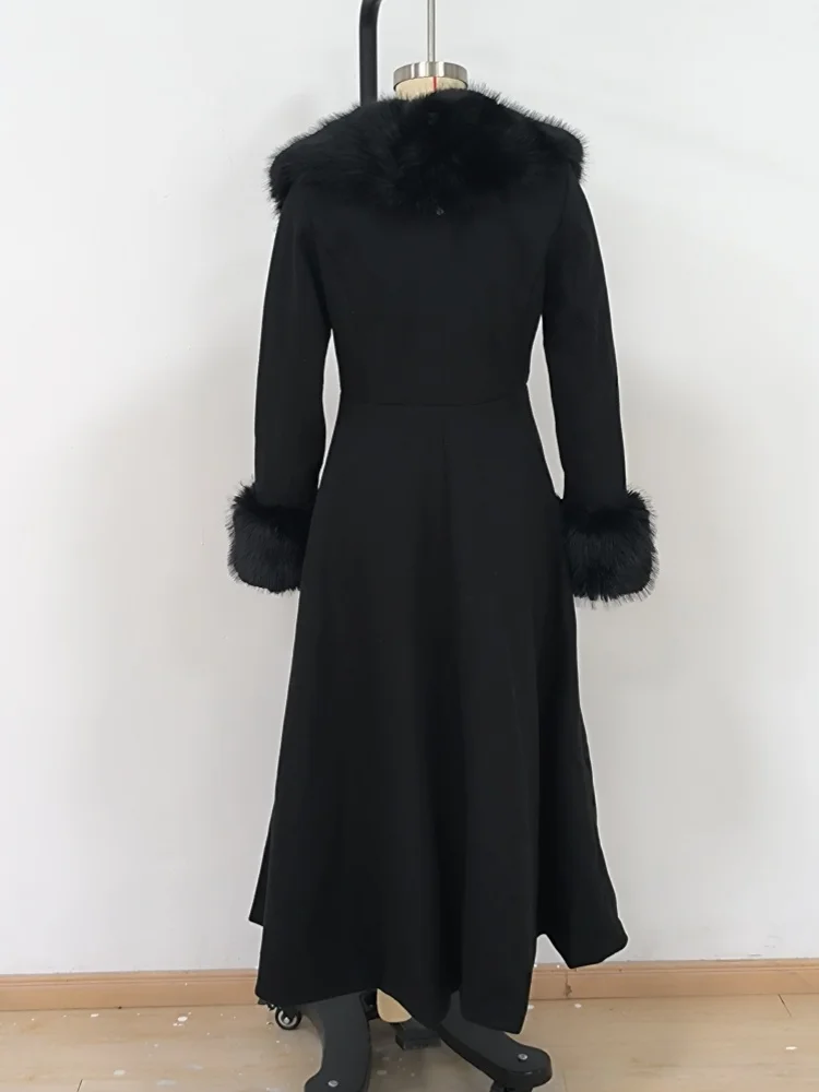 Women Long Wool Blend Faux Collar Overcoat Fur Trim Cuffs A Line Flared Maxi Hem Single Breasted Coat Elegant Ladies Outerwear