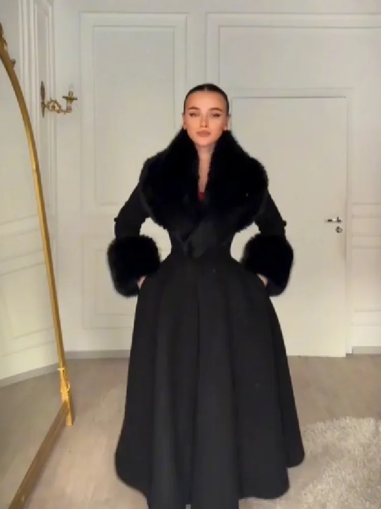 Women Long Wool Blend Faux Collar Overcoat Fur Trim Cuffs A Line Flared Maxi Hem Single Breasted Coat Elegant Ladies Outerwear