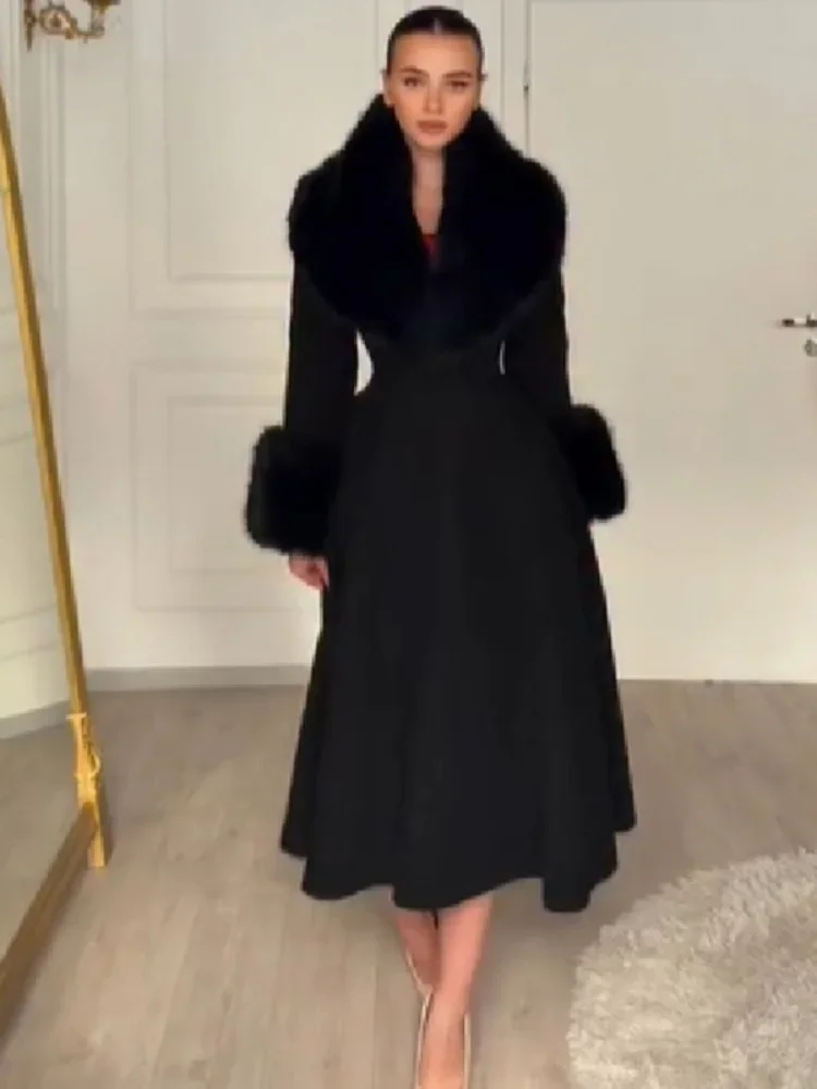 Women Long Wool Blend Faux Collar Overcoat Fur Trim Cuffs A Line Flared Maxi Hem Single Breasted Coat Elegant Ladies Outerwear