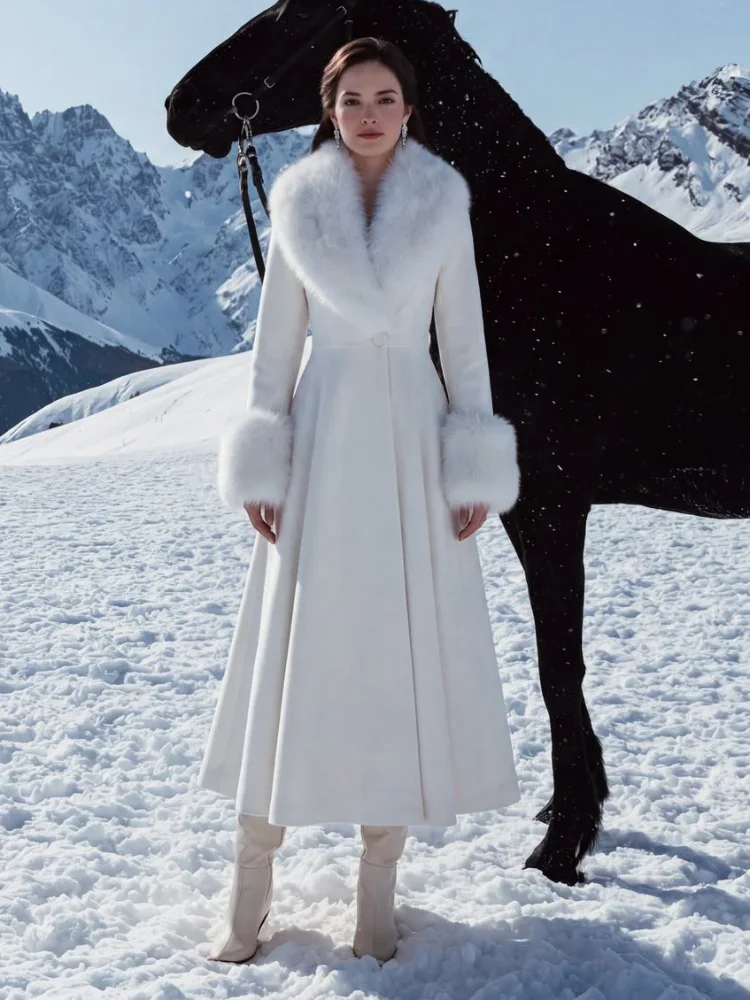 Women Long Wool Blend Faux Collar Overcoat Fur Trim Cuffs A Line Flared Maxi Hem Single Breasted Coat Elegant Ladies Outerwear