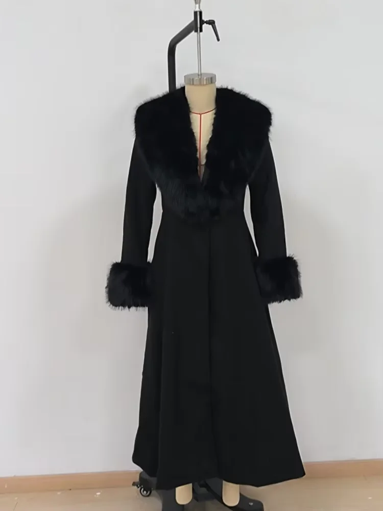 Women Long Wool Blend Faux Collar Overcoat Fur Trim Cuffs A Line Flared Maxi Hem Single Breasted Coat Elegant Ladies Outerwear