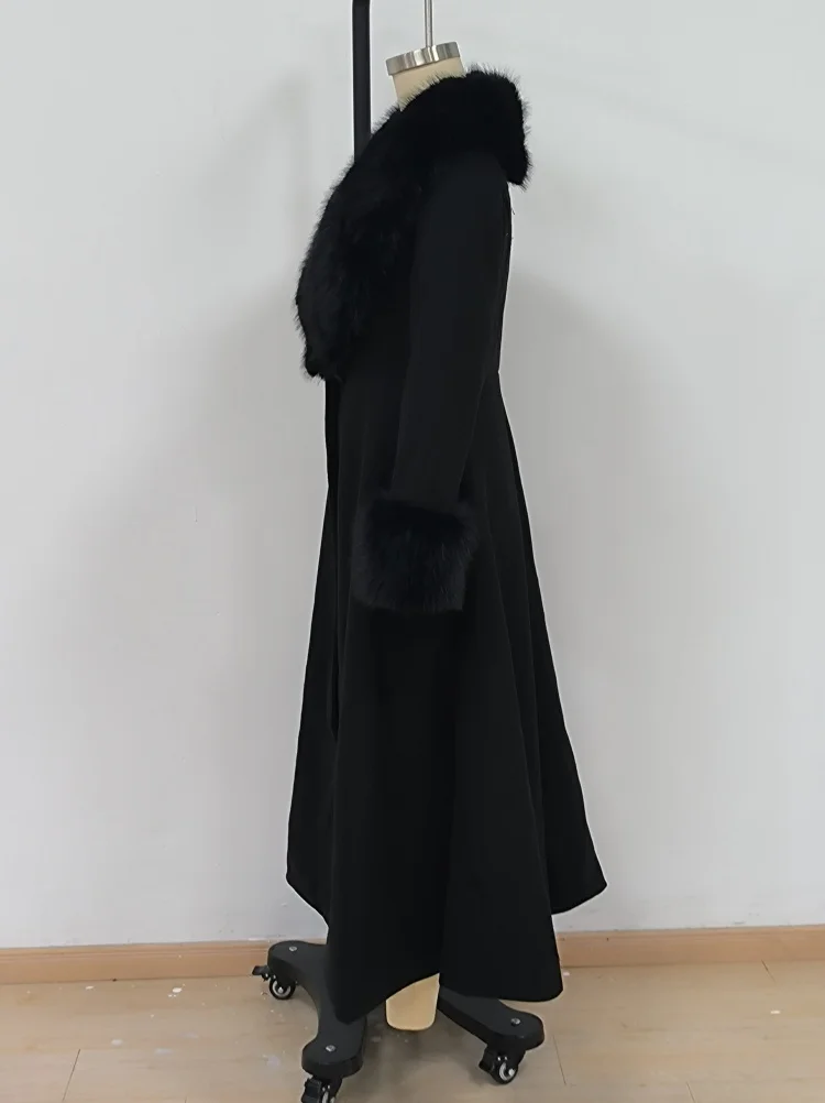 Women Long Wool Blend Faux Collar Overcoat Fur Trim Cuffs A Line Flared Maxi Hem Single Breasted Coat Elegant Ladies Outerwear