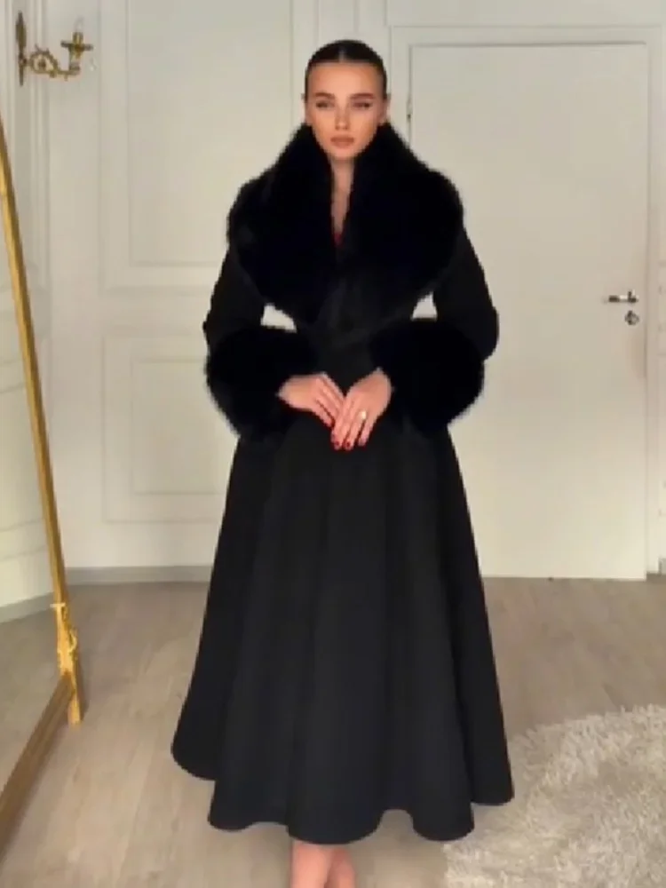 Women Long Wool Blend Faux Collar Overcoat Fur Trim Cuffs A Line Flared Maxi Hem Single Breasted Coat Elegant Ladies Outerwear