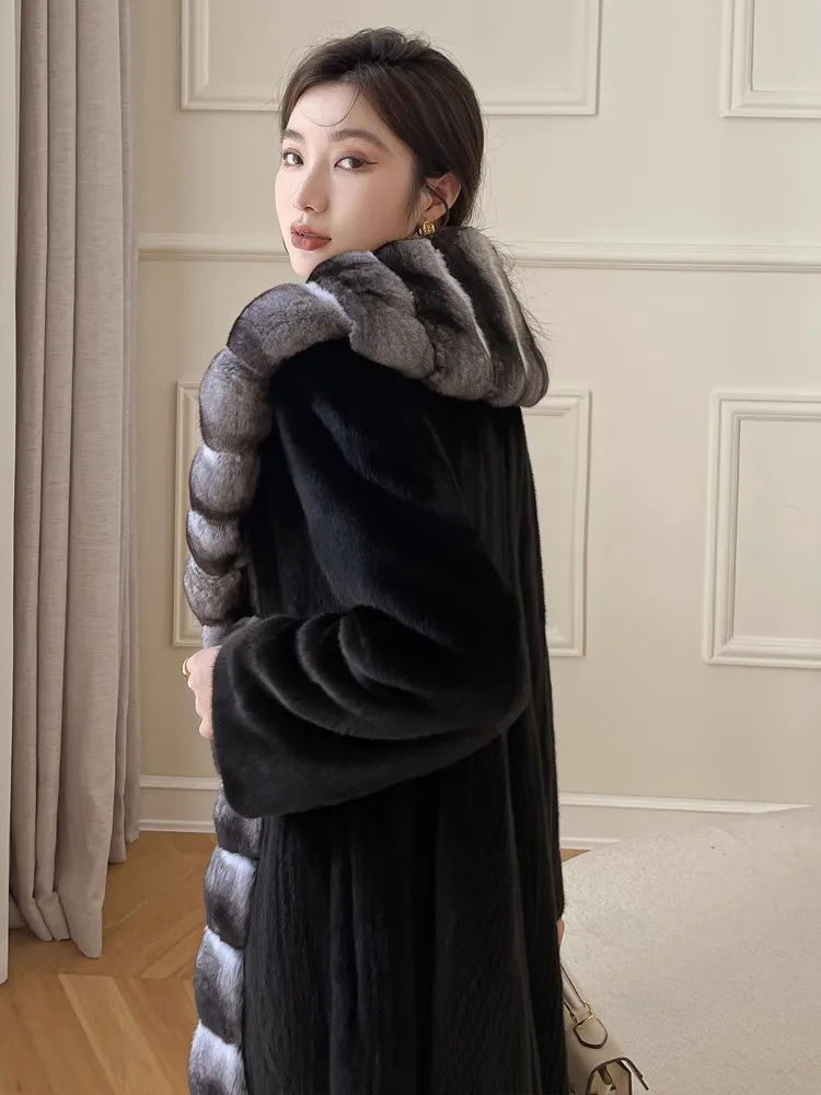 Women's velvet mink coat long winter warm trench shawl fur coat whole mink