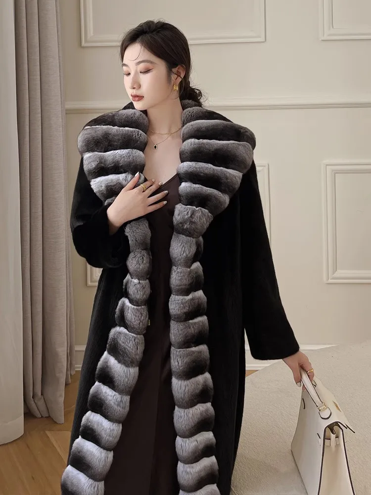 Women's velvet mink coat long winter warm trench shawl fur coat whole mink