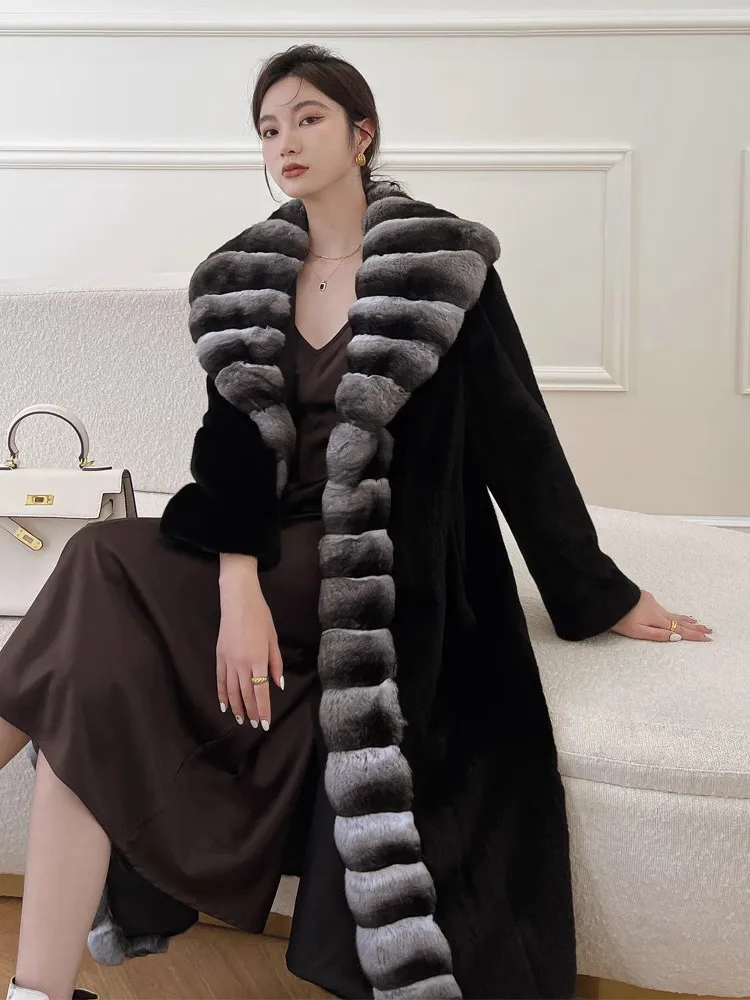 Women's velvet mink coat long winter warm trench shawl fur coat whole mink