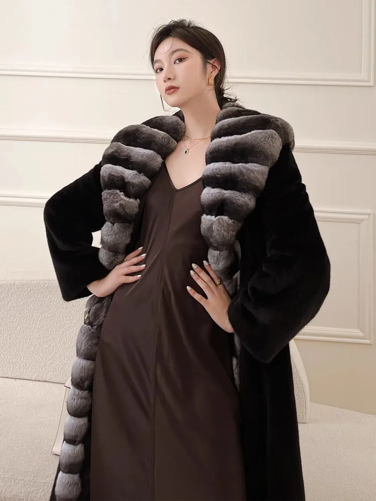 Women's velvet mink coat long winter warm trench shawl fur coat whole mink