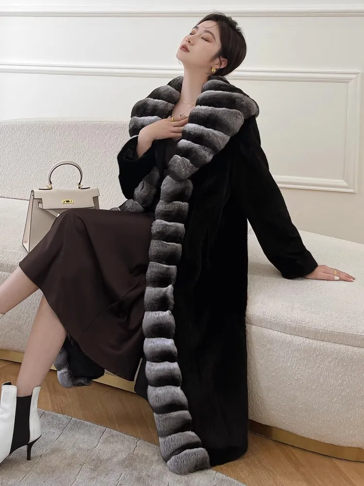 Women's velvet mink coat long winter warm trench shawl fur coat whole mink