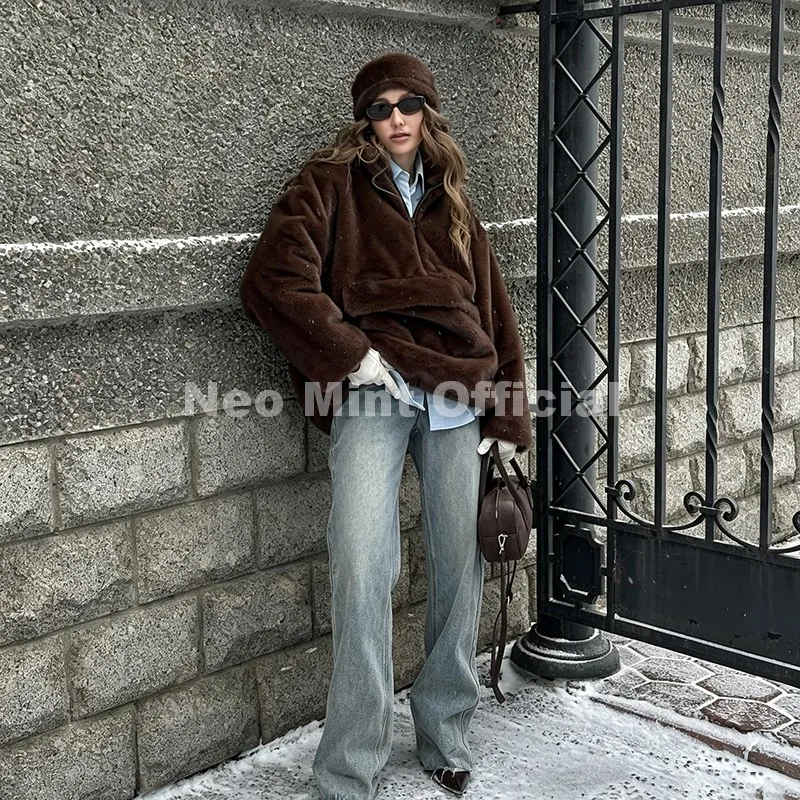 Neo Mint Iconic Chic Street Fashion Girls Faux Mink Fur Hoodies Sweatshirts Women Retro Luxury Front Zipper Eco Fur Jacket Coats