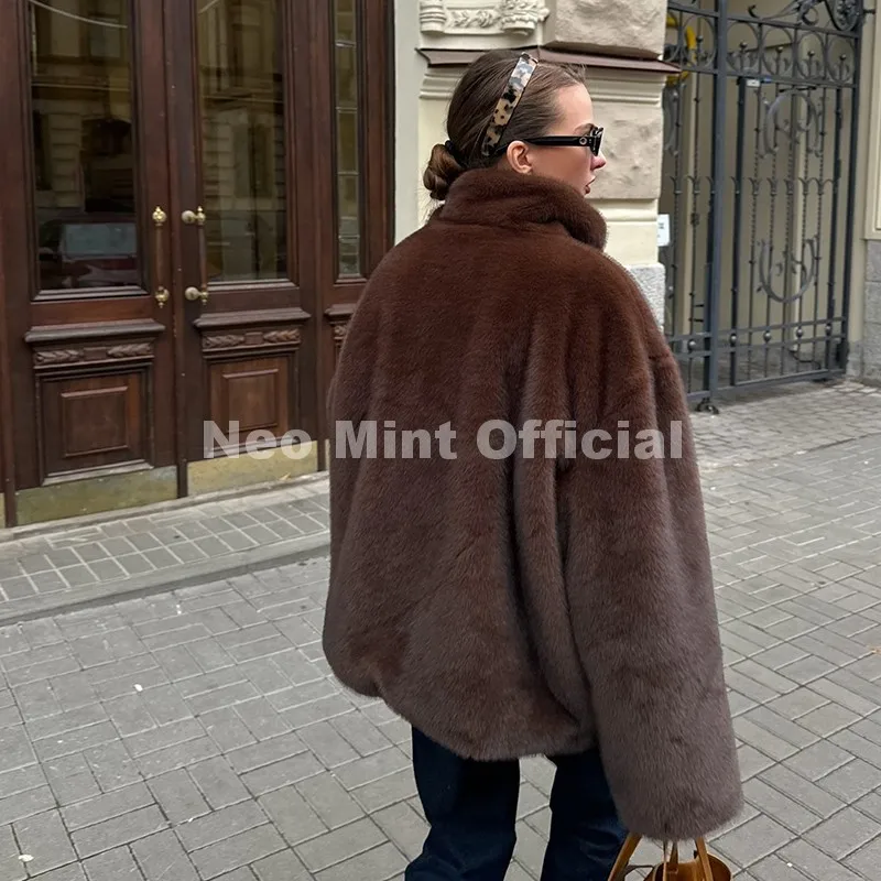 Neo Mint Iconic Chic Street Fashion Girls Faux Mink Fur Hoodies Sweatshirts Women Retro Luxury Front Zipper Eco Fur Jacket Coats
