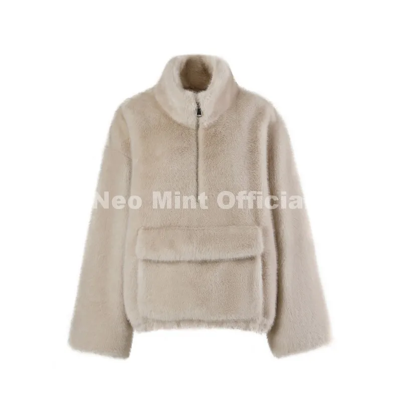 Neo Mint Iconic Chic Street Fashion Girls Faux Mink Fur Hoodies Sweatshirts Women Retro Luxury Front Zipper Eco Fur Jacket Coats